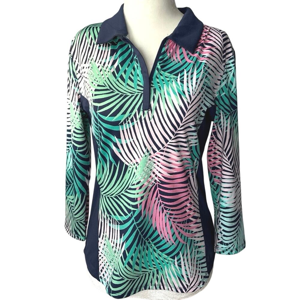 Tommy Bahama Women's Golf Shirt Top Size Small Floral Foliage 3/4 Sleeve Zip